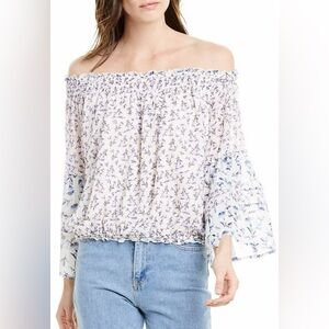 Free People white + purple floral off the shoulder ruffled blouse ~ Size L